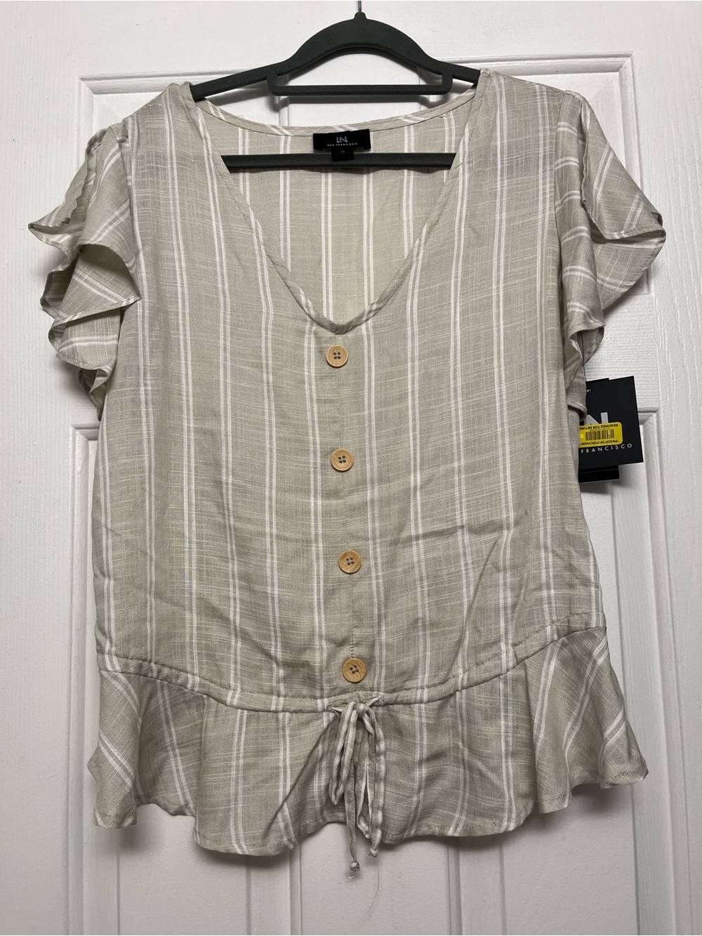 I.N. San Francisco Beige & White Striped Button-Front Ruffle Top